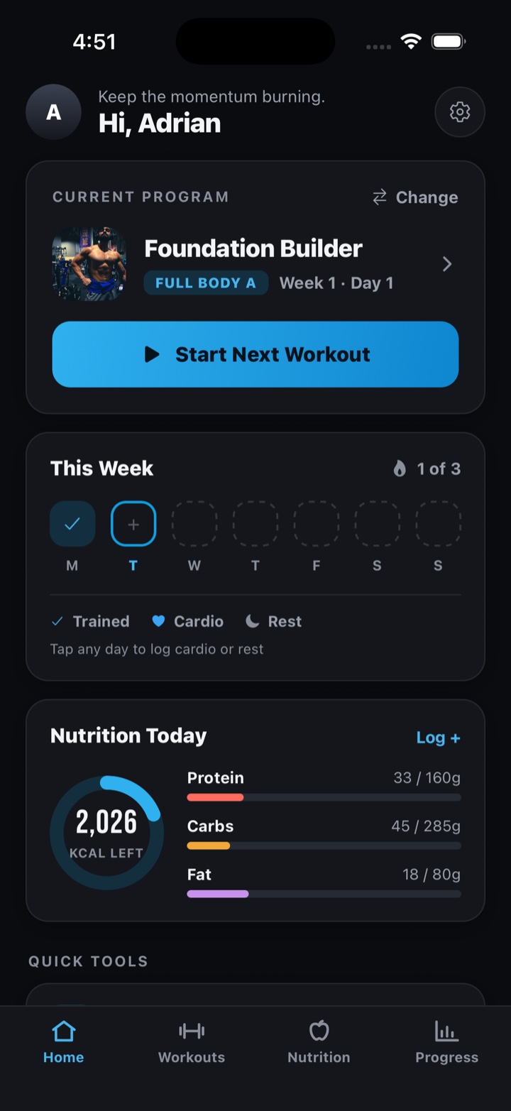 Home: current plan, weekly training tiles, and today’s nutrition