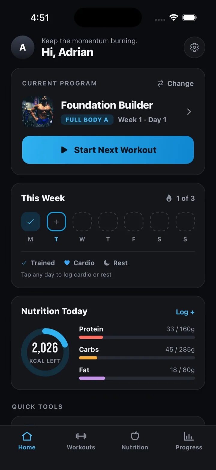 Home screen with Foundation Builder plan and weekly training tiles