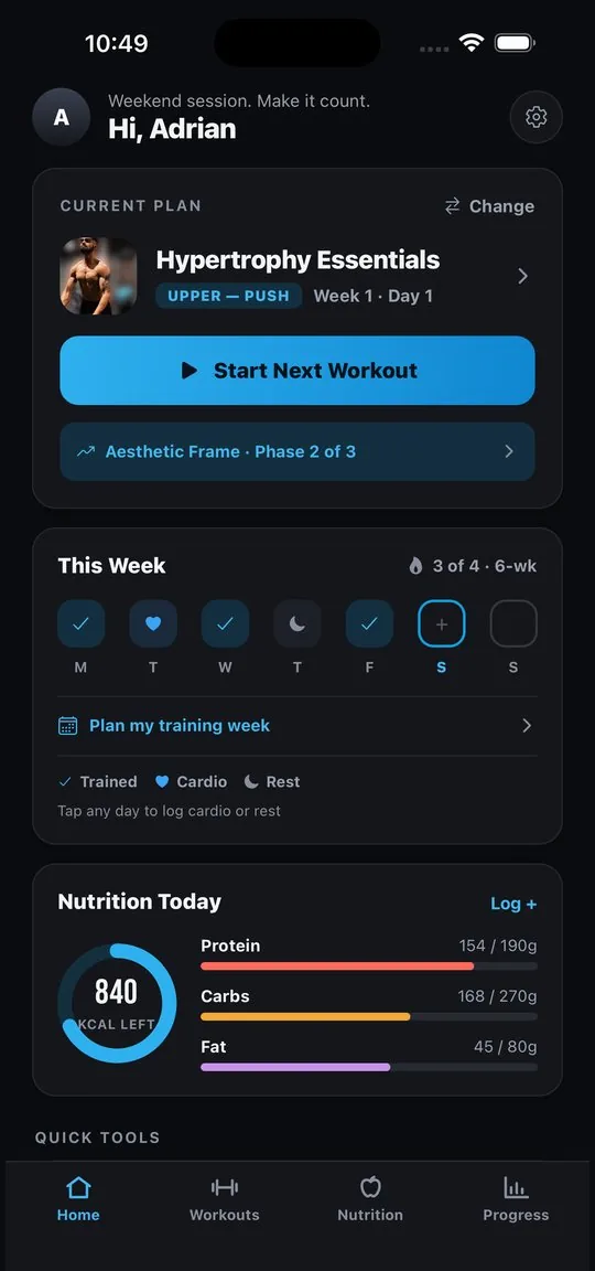 Home: current plan, weekly training tiles, and the New Year Club card