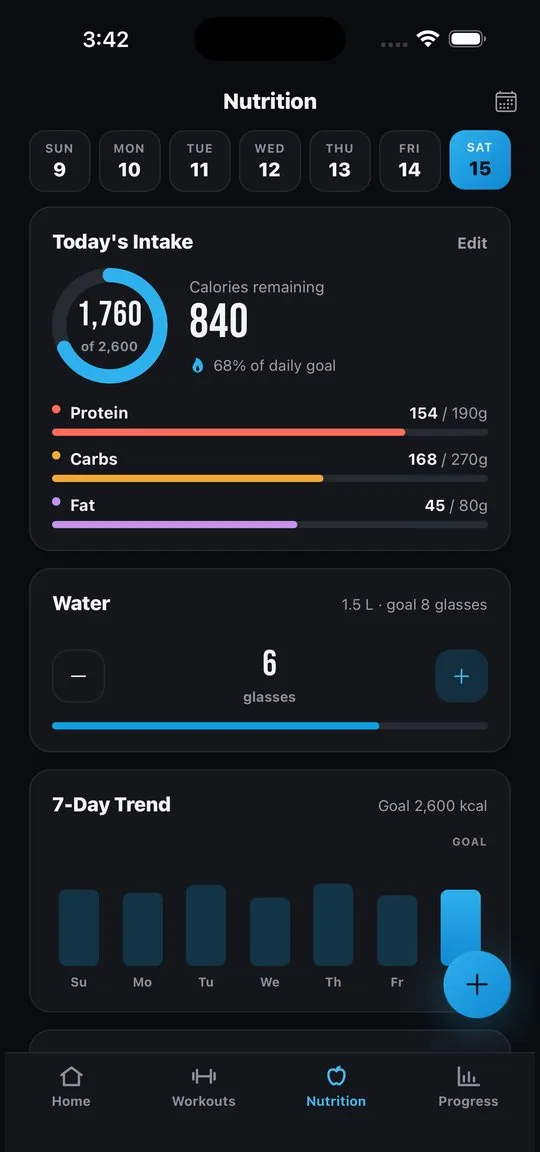 Nutrition: daily intake ring, macro bars, water, and 7-day trend
