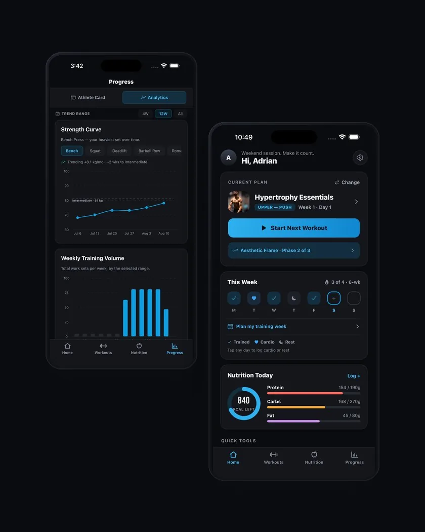 Ascent Physique app: Home and Analytics screens